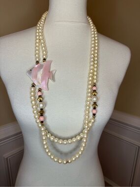 Vintage Pearl Double-Strand Necklace with Pink Mother-of-Pearl Fish Accent